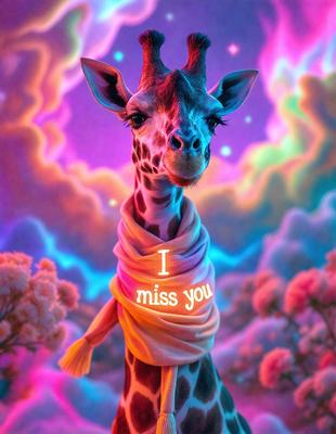 The primary subject of the image is a giraffe. The giraffe is standing in a colorful, rainbow-colored environment, which appears to be a digital art or illustration. The giraffe is wearing a scarf, and the overall atmosphere is vibrant and lively.