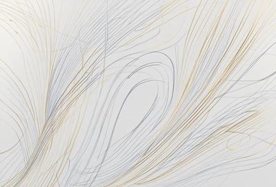 The primary subject of the image is a white wall with a pattern of gold and blue lines. The setting is a room with a white background, and the visual style appears to be a combination of digital art and illustration. The dominant colors are white, gold, and blue, creating a calm and soothing atmosphere.