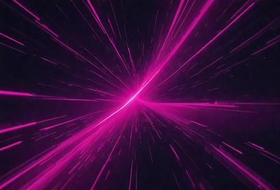 The primary subject of the image is a pink light streak or laser beam, which appears to be moving or traveling through space. The setting is a dark background, which contrasts with the bright pink light. The visual style of the image is a combination of a photo and digital art, as it captures the motion and energy of the pink light. The colors and mood of the image are predominantly pink, creating a sense of energy and movement.