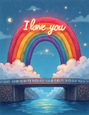 The primary subject of the image is a heart-shaped sign that reads "I Love You." The setting is a bridge with a rainbow in the background. The visual style is a digital art illustration, and the colors and mood are bright and cheerful.