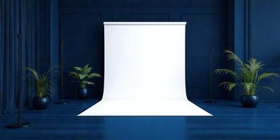 The primary subject of the image is a large white sheet or screen, which is placed on a blue background. The setting appears to be a studio or a room with a blue wall. The visual style of the image is a photo, capturing the white sheet against the blue background. The colors and mood of the image are predominantly blue, creating a calm and serene atmosphere.