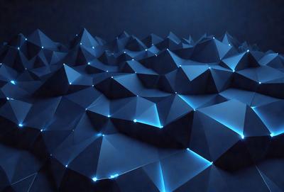 The primary subject of the image is a blue, geometric pattern. The setting is a dark blue background, which creates a contrasting and visually striking scene. The visual style is a combination of digital art and illustration, as the pattern is created using a computer-generated design. The colors and mood of the image are predominantly dark and moody, with the blue hue adding a sense of depth and sophistication to the overall atmosphere.