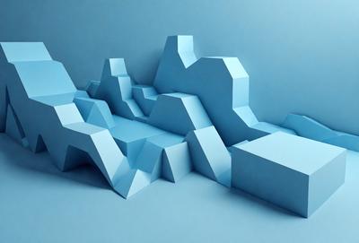 The primary subject of the image is a blue mountain made of blocks. The setting is a blue background, which creates a contrasting and visually appealing scene. The visual style is a combination of digital art and illustration, as the mountain is composed of multiple blocks that are arranged to form the mountain shape. The dominant colors are blue and white, giving the image a calm and serene atmosphere.