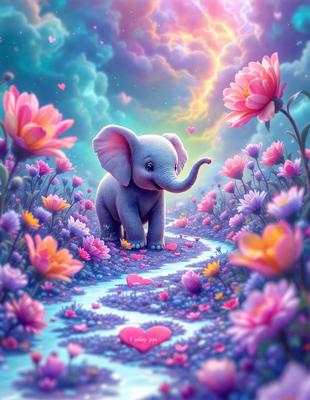 The primary subject of the image is a baby elephant standing in a field of flowers. The setting is a beautiful, colorful garden with a variety of flowers, creating a vibrant and lively atmosphere. The visual style of the image is a digital art or illustration, showcasing the intricate details of the elephant and the flowers. The colors and mood of the image are predominantly pink and purple, giving it a warm and inviting feel.