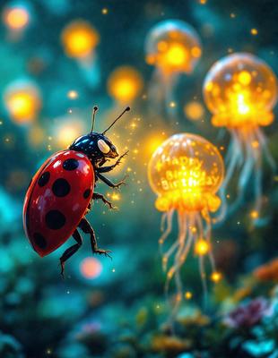 The primary subject of the image is a ladybug, which is a red and black beetle. The ladybug is flying in front of a background of glowing, lighted jars. The setting appears to be a garden or an outdoor environment with a lush green background. The visual style of the image is a combination of photo and digital art, creating a vibrant and colorful scene. The colors and mood of the image are predominantly bright and cheerful, with the ladybug and the glow
