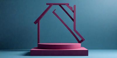 The primary subject of the image is a pink house-shaped sculpture. The setting is a blue background, which creates a striking contrast with the sculpture. The visual style is a combination of digital art and illustration, giving the image a unique and creative appearance. The dominant colors are pink and blue, creating a warm and inviting atmosphere.