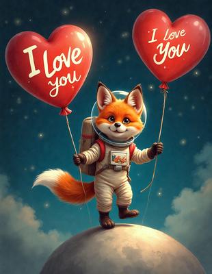 The primary subject of the image is a cartoon fox character, dressed in a space suit and holding two red balloons. The setting is a space background, with the fox character standing on a planet. The visual style is digital art, and the colors and mood are bright and cheerful.