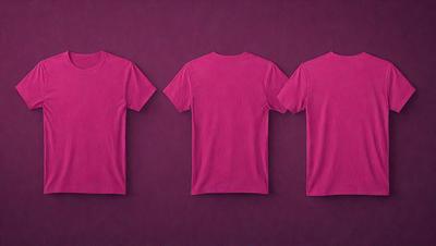 The image features three pink t-shirts hanging on a wall. The t-shirts are displayed in a row, with each one slightly overlapping the other. The wall appears to be purple, providing a contrasting background for the t-shirts. The overall atmosphere of the image is casual and relaxed, as the t-shirts are simply hung up for display.