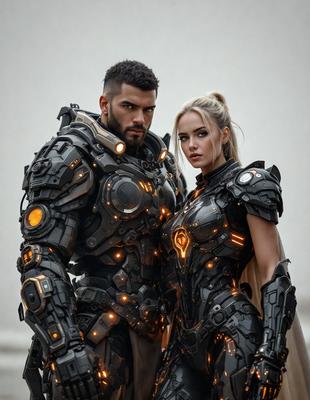 The primary subject of the image is a man and a woman dressed in futuristic armor, standing together and posing for a picture. They are the main focus of the image. The setting is a futuristic environment, possibly a science fiction or fantasy scene. The visual style is a combination of photo and digital art, creating a unique and intriguing atmosphere. The colors and mood are predominantly dark and mysterious, with the armor and futuristic elements adding a sense of drama and adventure to the
