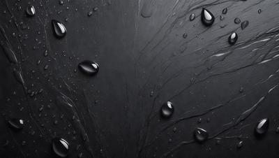 The primary subject of the image is a close-up of a black surface with water droplets on it. The setting is a dark background, and the visual style appears to be a photo. The colors are predominantly black, and the overall atmosphere is moody and dramatic.