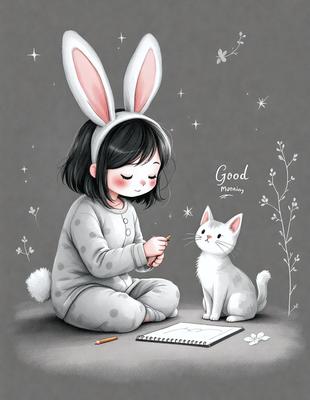 The primary subject of the image is a young girl wearing bunny ears, sitting on the floor and drawing. The setting is a room with a cat sitting next to her. The visual style is a hand-drawn illustration, giving the image a warm and cozy atmosphere. The colors are predominantly shades of pink and white, which are associated with the girl's bunny ears and the cat's fur.