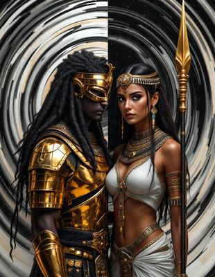 The primary subject of the image is a man and a woman, both dressed in gold and white costumes. They are standing close to each other, possibly posing for a picture. The setting appears to be a decorative or artistic environment, as the man and woman are surrounded by a gold and white pattern. The visual style of the image is a combination of digital art and illustration, creating a unique and eye-catching scene. The colors and mood of the image are predominantly gold and white, giving it a lux