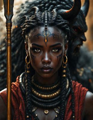 The primary subject of the image is a woman with a striking appearance. She is wearing a necklace and has a unique look, possibly inspired by African culture. The setting is a dark room, and the visual style is a combination of photo and digital art. The colors in the image are predominantly dark, creating a moody atmosphere.