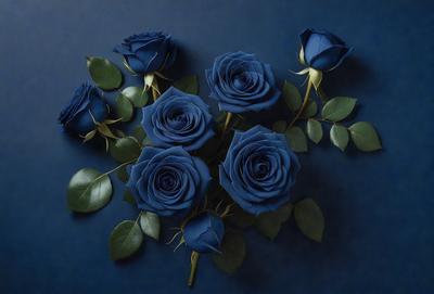 The primary subject of the image is a bouquet of blue roses. The setting is a dark blue background, which creates a dramatic and moody atmosphere. The visual style is a close-up of the bouquet, showcasing the details of the flowers. The colors and mood of the image are predominantly dark and mysterious, with the blue roses being the main focal point.