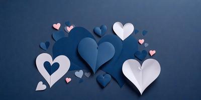 The primary subject of the image is a collection of blue and white hearts. These hearts are arranged in various shapes and sizes, creating a visually appealing and artistic display. The setting is a dark blue background, which contrasts with the bright colors of the hearts. The visual style of the image is a combination of digital art and illustration, giving it a unique and creative appearance. The dominant colors are blue and white, with the blue hearts and white hearts complementing each other, creating a harmonious and lively atmosphere.