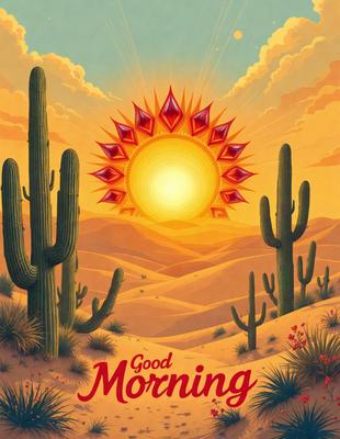 Good morning! The image features a sunny scene with a sun in the center, surrounded by a few cacti. The sun is shining brightly, creating a warm and inviting atmosphere. The cacti are scattered throughout the scene, adding a touch of natural beauty to the image. The overall visual style is a combination of digital art and illustration, creating a vibrant and lively mood.