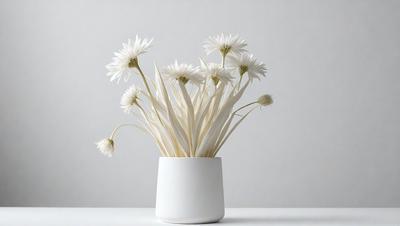 The primary subject of the image is a white vase filled with white flowers. The vase is placed on a white table, creating a clean and minimalist look. The setting appears to be indoors, with a focus on the vase and the flowers. The visual style is a close-up of the vase and flowers, highlighting the details of the arrangement. The colors and mood of the image are predominantly white, giving it a calm and serene atmosphere.