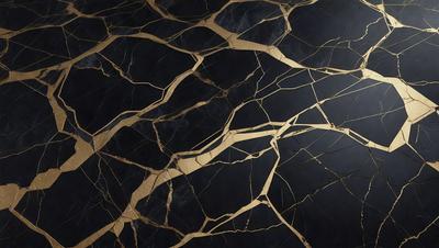 The primary subject of the image is a close-up of a marble wall with a gold-like pattern. The setting is a dark room, and the visual style appears to be a combination of a photo and digital art. The dominant colors are black and gold, creating a luxurious and elegant atmosphere.
