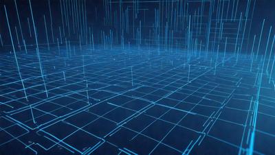 The primary subject of the image is a blue, grid-like pattern. The setting is a dark, blue background, which creates a contrast with the pattern. The visual style is digital art, as the pattern appears to be a digital design. The colors and mood of the image are predominantly dark and moody, with the blue pattern being the main focus.