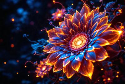 The primary subject of the image is a large, brightly colored flower with a blue hue. The flower is the focal point of the scene, and it is surrounded by a few smaller flowers. The setting appears to be a dark environment, possibly a nighttime scene, with the flowers illuminated by a light source. The visual style of the image is a combination of photo and digital art, creating a vibrant and eye-catching display. The dominant colors in the image are blue and orange, giving the scene a l