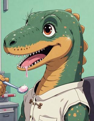 The primary subject of the image is a cartoon dinosaur, specifically a green and brown T-Rex, with a toothbrush in its mouth. The setting is a room with a chair and a bookshelf in the background. The visual style is a cartoon or animated illustration, giving the image a playful and lighthearted atmosphere. The dominant colors are green and brown, with the T-Rex being the main focus of the image.