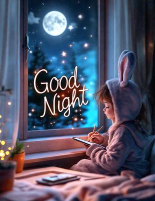 The primary subject of the image is a young girl wearing a bunny costume, sitting at a desk and writing. The setting is a room with a window, and the visual style is a digital art illustration. The colors and mood of the image are warm and cozy, with the girl's costume and the overall atmosphere creating a sense of comfort and playfulness.