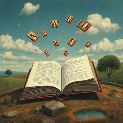 The primary subject of the image is a large book, which is open and placed on a rock. The setting is a grassy field with a tree in the background. The visual style is a painting, and the colors and mood are warm and inviting.