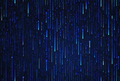 The primary subject of the image is a blue sky filled with rain drops. The setting is a nighttime scene with a dark blue background. The visual style is a digital art or illustration, creating a moody and atmospheric mood. The dominant colors are blue and green, with the rain drops adding a splash of white.
