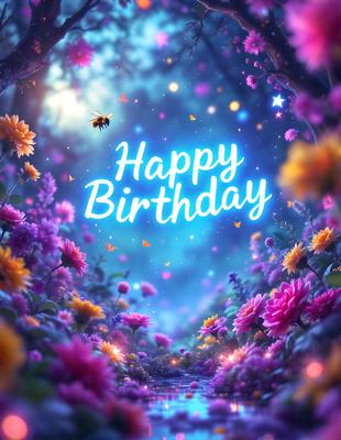 Happy Birthday: A colorful, vibrant, and lively scene with a birthday message. The setting is a beautiful garden filled with flowers, and the visual style is a digital art or illustration. The dominant colors are pink, purple, and blue, creating a warm and cheerful atmosphere.