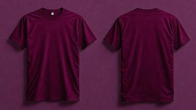The primary subject of the image is a burgundy t-shirt. The setting is a purple wall, which serves as the backdrop for the t-shirt. The visual style is a close-up of the t-shirt, showcasing its design and color. The colors and mood of the image are predominantly purple, creating a calm and soothing atmosphere.