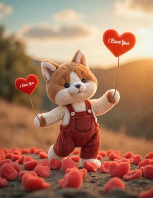 The primary subject of the image is a stuffed animal, specifically a stuffed cat, holding two red hearts. The setting is an outdoor environment with a hillside in the background. The visual style is a photo, and the colors and mood are predominantly red, creating a warm and loving atmosphere.