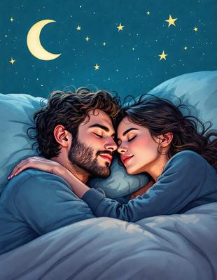 The primary subject of the image is a man and a woman lying in bed together. They are both smiling and appear to be enjoying their time together. The setting is a bedroom, with a bed visible in the background. The visual style is an illustration, which adds a sense of warmth and intimacy to the scene. The colors are predominantly warm and soft, creating a cozy and inviting atmosphere.