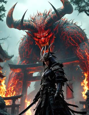 The primary subject of the image is a woman dressed in medieval armor, standing in front of a large, demonic-looking creature. The setting appears to be a dark, fantastical environment, possibly a video game or a comic book scene. The visual style is a combination of photo and digital art, creating a realistic yet fantastical atmosphere. The dominant colors are dark and red, with the woman's armor and the demonic creature's appearance being the main focus of the image. The overall mood is