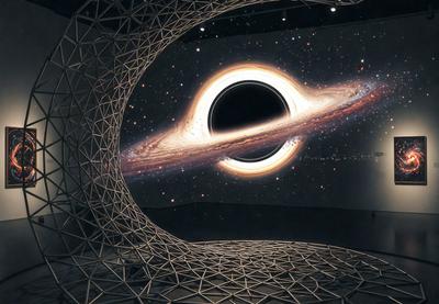 The primary subject of the image is a large black hole, which is the main focus of the scene. The setting is a space-themed environment, with a backdrop of a woven wall and a starry sky. The visual style is a combination of a photo and digital art, creating a unique and intriguing representation of the black hole. The colors and mood of the image are dark and dramatic, emphasizing the vastness and power of the black hole.