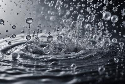 The primary subject of the image is a splash of water, which is the main focus of the scene. The water is captured in a close-up shot, creating a visually striking and dynamic image. The setting is a black background, which contrasts with the water splash, emphasizing the subject. The visual style is a photo, capturing the real-life moment of the water splash. The colors and mood of the image are predominantly dark, with the water splash being the main source of light and movement