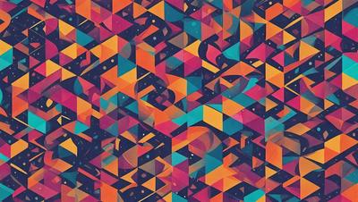 The primary subject of the image is a colorful, geometric pattern. The setting is a space with a backdrop of stars, creating a celestial atmosphere. The visual style is a combination of digital art and illustration, with a vibrant and lively color palette. The dominant colors are orange, blue, and pink, which contribute to a cheerful and energetic mood.