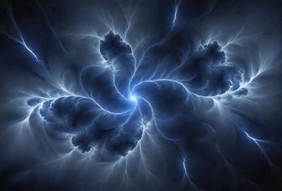 The primary subject of the image is a blue lightning bolt, which is the main object, scene, or focus of the image. The setting/background features a dark blue sky, which adds to the overall atmosphere. The visual style of the image is digital art, as it appears to be a digital illustration or drawing. The colors and mood of the image are predominantly dark and moody, with the blue lightning bolt being the main source of light and energy in the scene.
