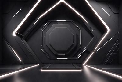 The primary subject of the image is a large, dark room with a circular shape. The room is illuminated by a series of bright, white lights that create a striking contrast against the dark background. The visual style of the image is a combination of photo and digital art, giving it a futuristic and modern appearance. The colors and mood of the image are predominantly dark, with the white lights providing a sense of brightness and contrast.