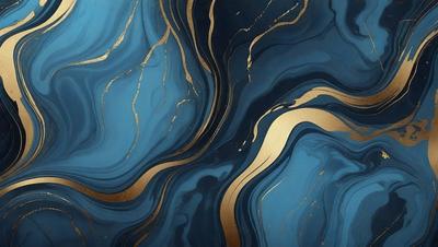 The primary subject of the image is a blue and gold marbled wallpaper with a gold and blue swirl pattern. The setting is a room with a blue and gold marbled wallpaper, which creates a luxurious and elegant atmosphere. The visual style is a combination of digital art and illustration, as the swirl pattern is intricately designed and the colors are vibrant and rich. The dominant colors are blue and gold, which create a sense of sophistication and opulence.