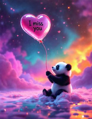 The primary subject of the image is a panda bear sitting on a cloud. The setting is a pink and purple sky, which creates a whimsical and dreamy atmosphere. The visual style is a digital art, as the panda bear is depicted in a cartoon-like manner. The colors and mood of the image are predominantly pink and purple, giving it a warm and cheerful vibe.