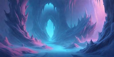 The primary subject of the image is a cave with a blue light illuminating it. The cave has a purple and blue color scheme, creating a unique and visually striking environment. The setting is a dark, cavernous space with a blue light source, which adds a sense of depth and intrigue to the scene. The visual style of the image is a combination of digital art and illustration, giving it a surreal and fantastical appearance. The overall atmosphere of the image is mysterious and captivating, inviting