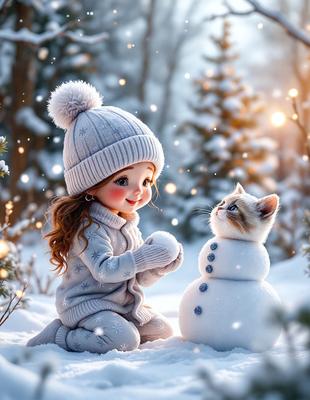 The primary subject of the image is a little girl sitting in the snow, smiling and holding a snowman. The setting is a snowy environment, with the girl surrounded by snow. The visual style is a digital art illustration, creating a warm and joyful atmosphere. The colors are predominantly white, representing the snow, and the girl's clothing is gray, which adds a touch of coziness to the scene.