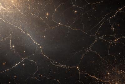 The primary subject of the image is a black background with a starry sky. The setting is a dark, star-filled sky, and the visual style is a combination of a photo and digital art. The colors and mood of the image are predominantly dark and mysterious, with the stars providing a sense of depth and wonder.