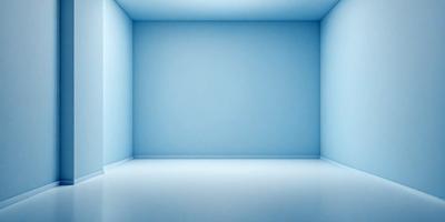 The primary subject of the image is a large, empty room with a blue wall. The setting is a white room, which creates a stark contrast with the blue wall. The visual style of the image is a photo, capturing the emptiness of the room. The colors and mood of the image are predominantly blue, giving it a calm and serene atmosphere.