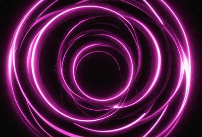 The primary subject of the image is a purple spiral, which appears to be a neon or glowing pattern. The setting is a dark background, which contrasts with the bright purple spiral. The visual style is a combination of a photo and digital art, creating a unique and eye-catching effect. The colors and mood of the image are predominantly purple, giving it a vibrant and energetic atmosphere.