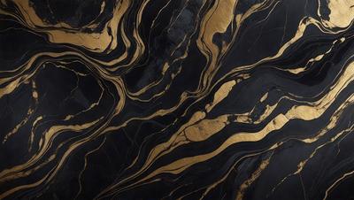 The primary subject of the image is a marble countertop with a gold and black pattern. The setting is a kitchen, and the visual style is a close-up of the marble countertop. The dominant colors are gold and black, creating a luxurious and elegant atmosphere.