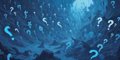The primary subject of the image is a large number of blue and white question marks floating in a blue ocean. The setting is a vast underwater cave, with the question marks scattered throughout the cave. The visual style is a digital art or illustration, creating a unique and intriguing scene. The dominant colors are blue and white, giving the image a calm and mysterious atmosphere.