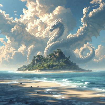 Primary subject: A dragon or a large sea creature with a tree on its back.

Setting/background: The dragon or sea creature is standing on a small island in the middle of the ocean.

Visual style: The image is a digital art or illustration.

Colors and mood: The colors are predominantly blue and white, creating a serene and calming atmosphere.