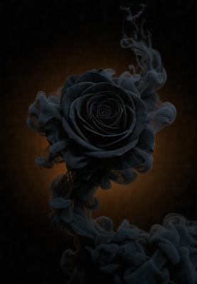 The primary subject of the image is a black rose, which is the main object, scene, or focus of the image. The setting/background features a dark, smoky environment, which adds to the overall atmosphere. The visual style of the image is a combination of photo and digital art, creating a unique and intriguing appearance. The colors and mood of the image are predominantly dark and moody, with the black rose serving as the central point of interest.