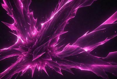 The primary subject of the image is a large, pink, purple, and black flower-like structure. The setting is a dark background, which contrasts with the vibrant colors of the flower. The visual style appears to be a combination of digital art and illustration, creating a unique and eye-catching design. The dominant colors in the image are pink, purple, and black, giving the overall atmosphere a sense of mystery and intrigue.